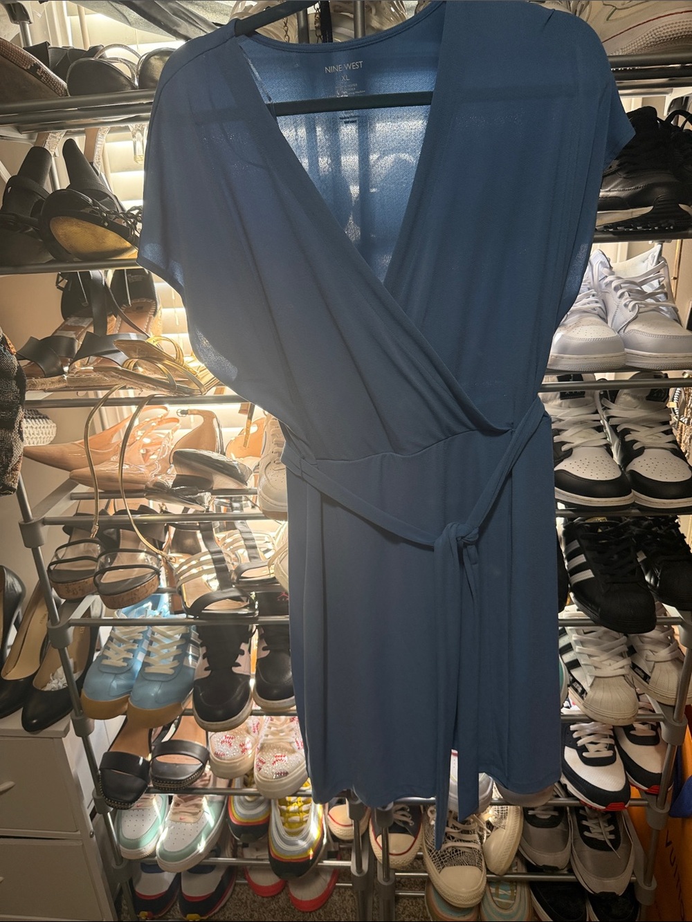 Nine West Light-Blue Faux Wrap Midi Dress with Side Tie